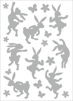 Satinier Schablone/ Aufkleber - 8 tanzende Hasen in Silber A5